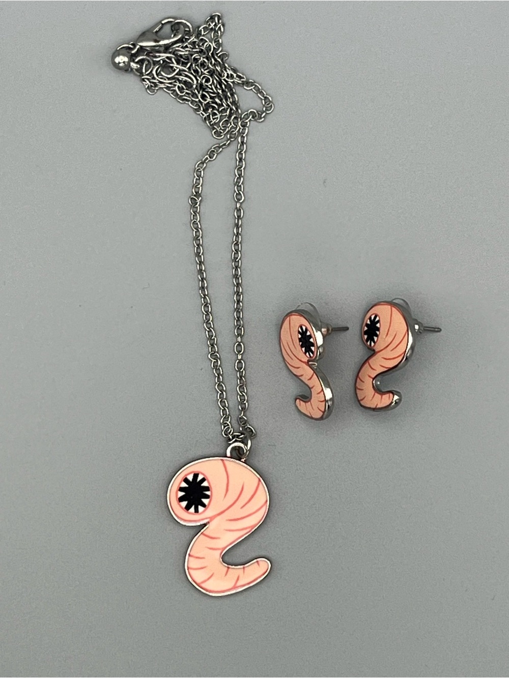 Pink Enamel sand worm necklace and earrings set